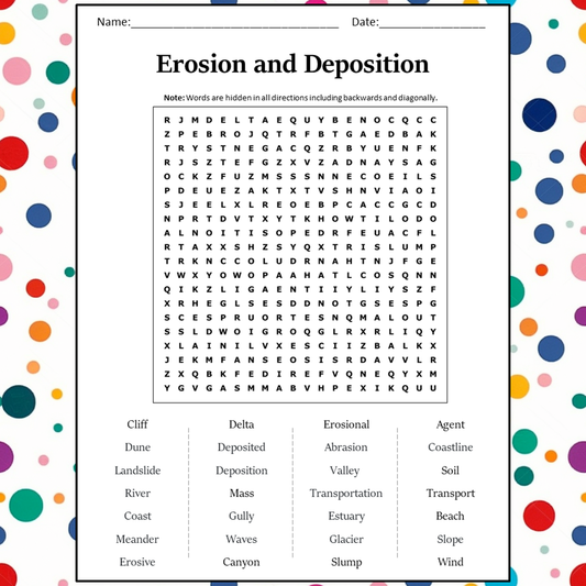 Erosion And Deposition Word Search Puzzle Worksheet Activity PDF