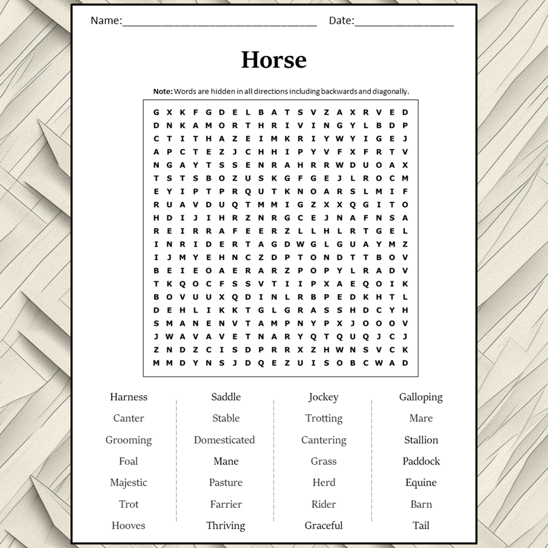 Horse Word Search Puzzle Worksheet Activity PDF