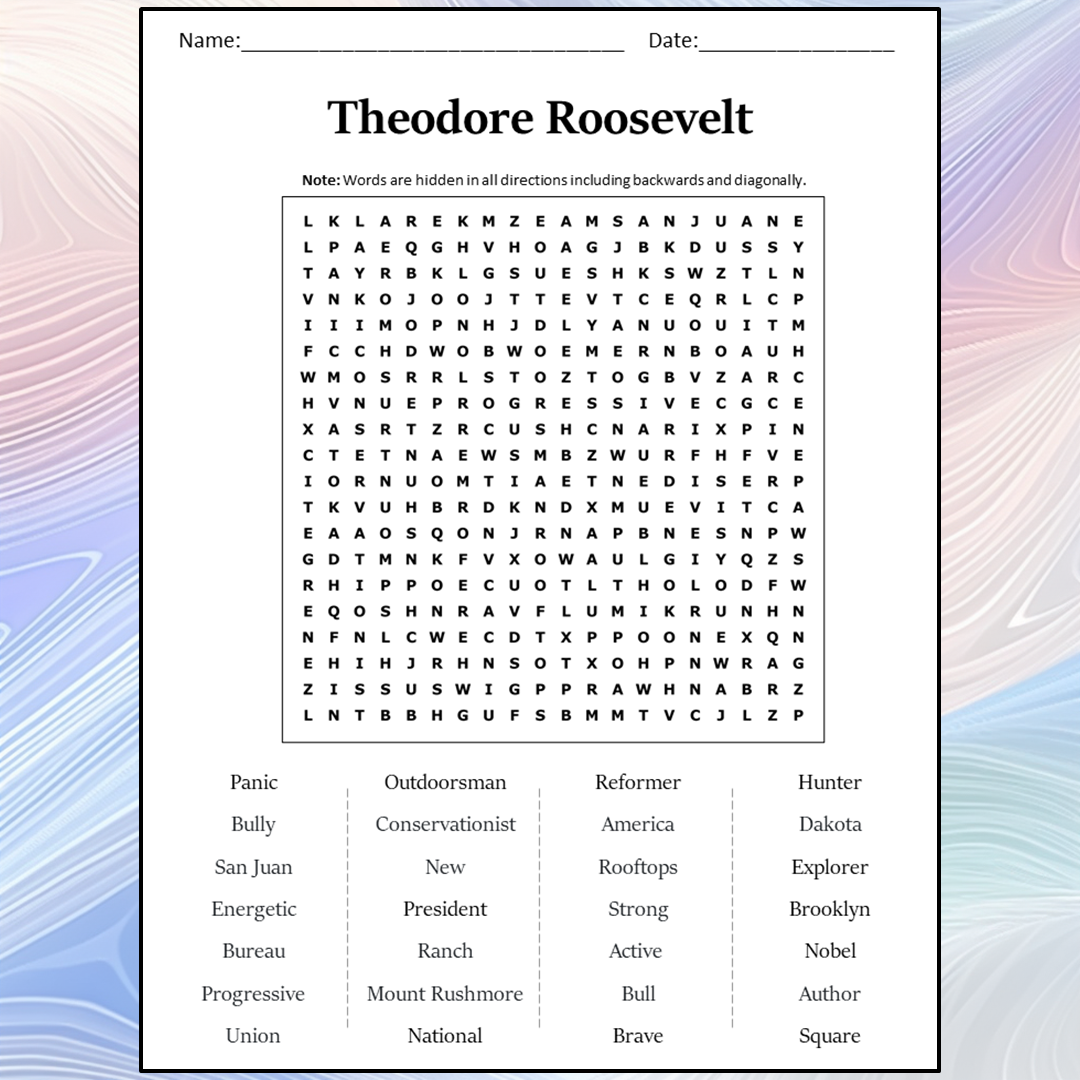 Theodore Roosevelt Word Search Puzzle Worksheet Activity PDF