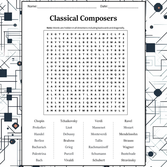 Classical Composers Word Search Puzzle Worksheet Activity PDF