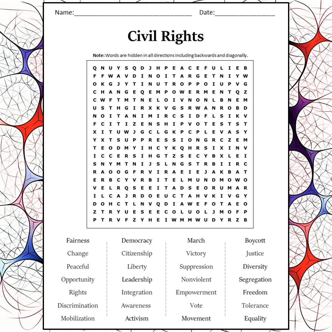 Civil Rights Word Search Puzzle Worksheet Activity PDF