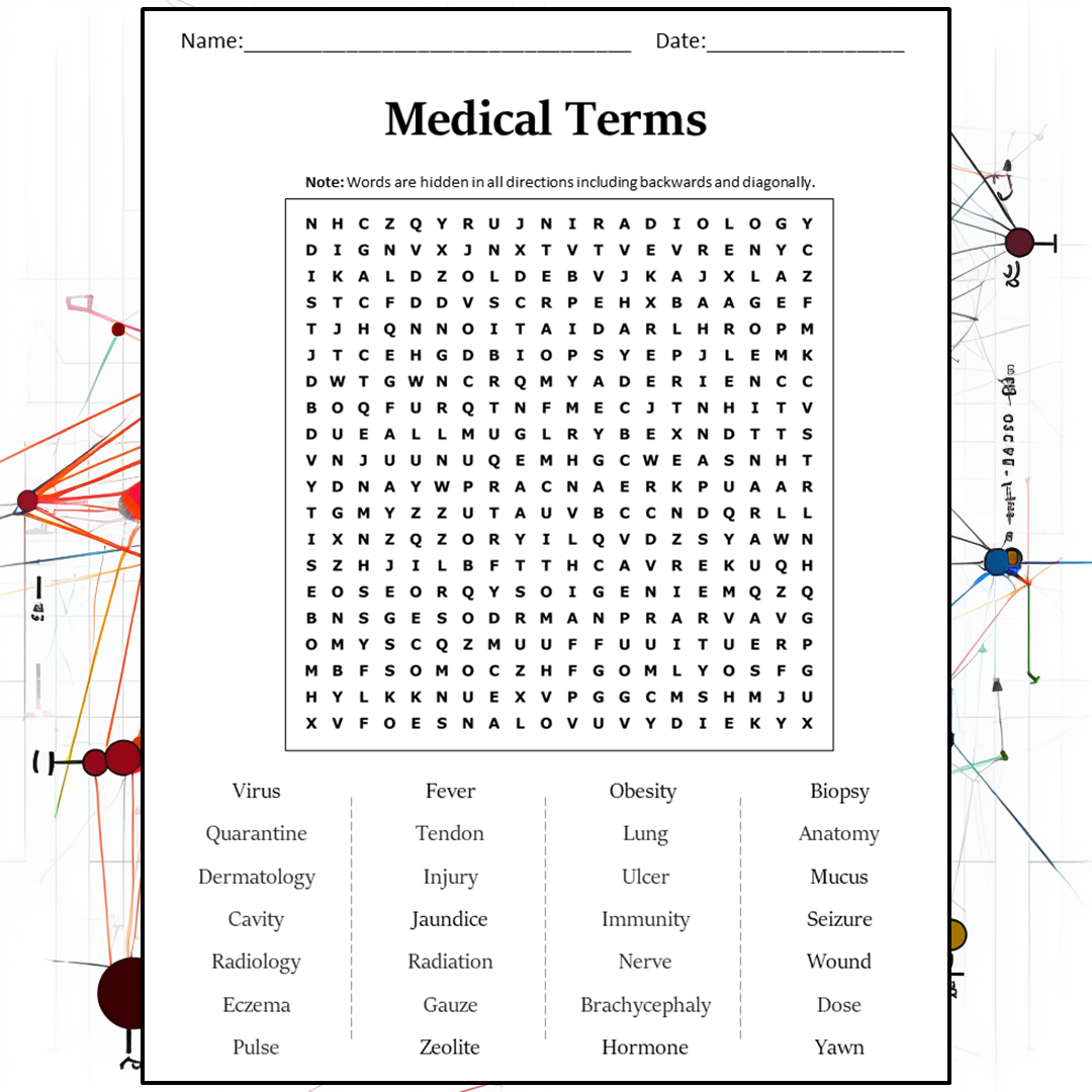 Medical Terms Word Search Puzzle Worksheet Activity PDF