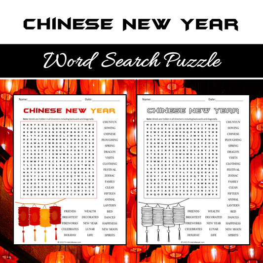 Chinese New Year Word Search Puzzle Worksheet PDF