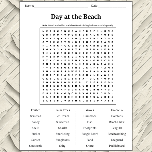 Day At The Beach Word Search Puzzle Worksheet Activity PDF