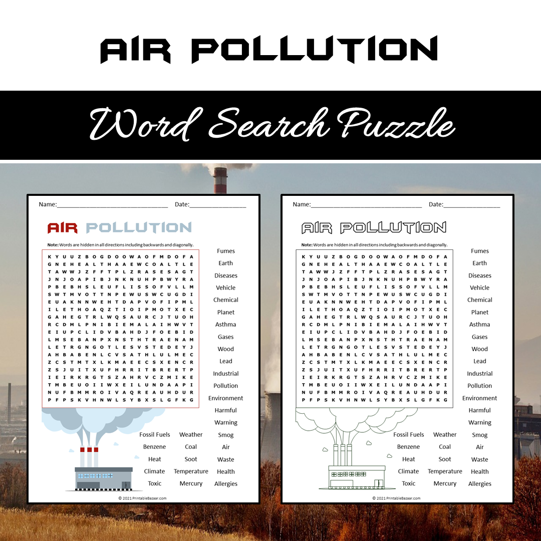 Air Pollution Word Search Puzzle Worksheet PDF