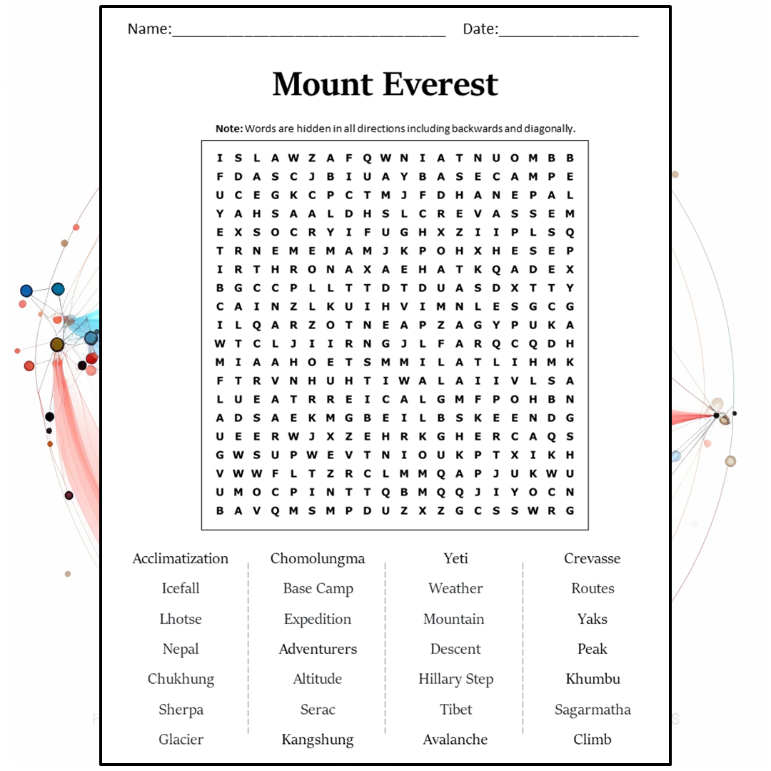 Mount Everest Word Search Puzzle Worksheet Activity PDF