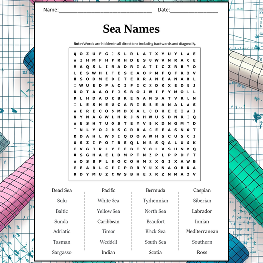 Sea Names Word Search Puzzle Worksheet Activity PDF