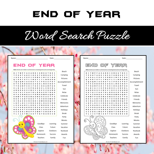 End Of Year Word Search Puzzle Worksheet PDF