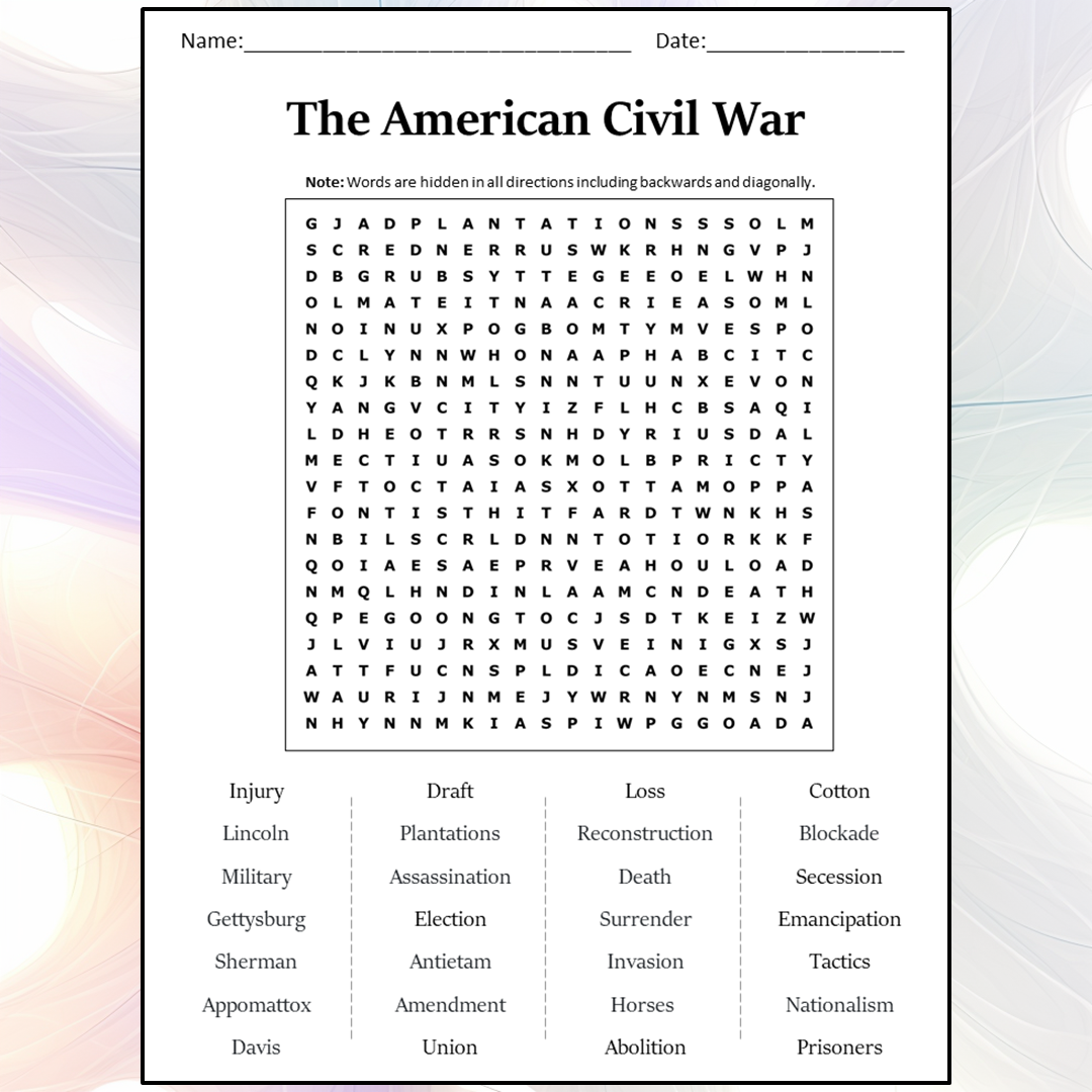 The American Civil War Word Search Puzzle Worksheet Activity PDF