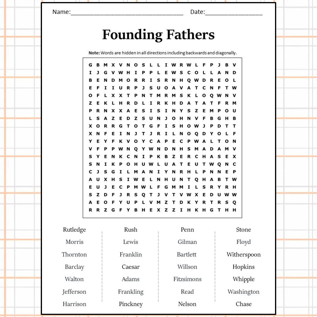 Founding Fathers Word Search Puzzle Worksheet Activity PDF