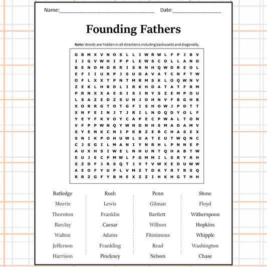 Founding Fathers Word Search Puzzle Worksheet Activity PDF