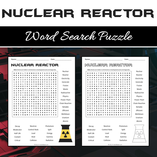 Nuclear Reactor Word Search Puzzle Worksheet PDF