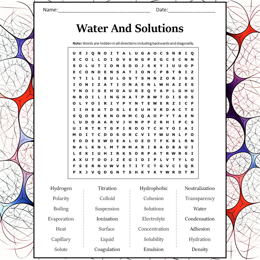 Water And Solutions Word Search Puzzle Worksheet Activity PDF