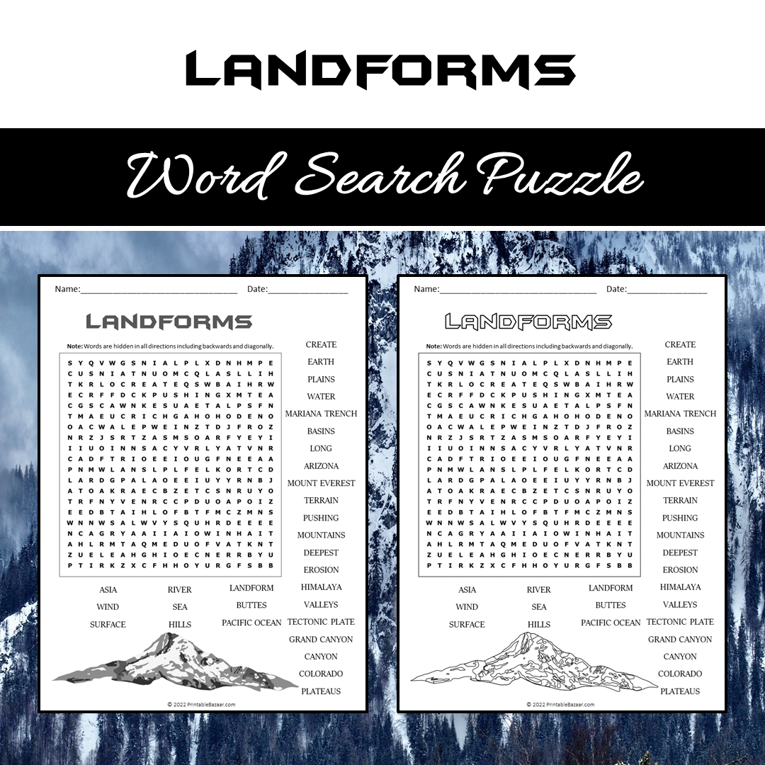 Landforms Word Search Puzzle Worksheet PDF