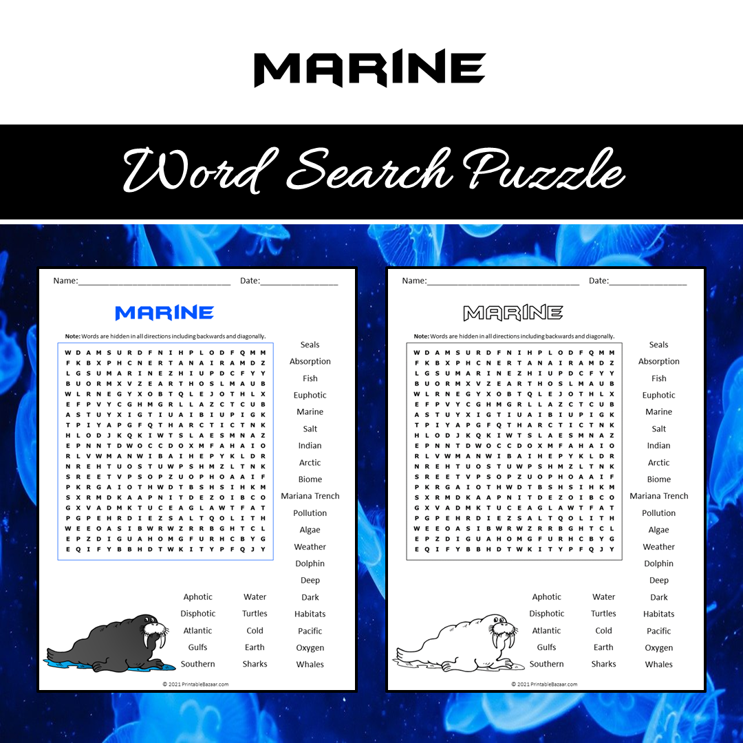 Marine Word Search Puzzle Worksheet PDF