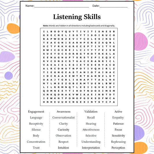 Listening Skills Word Search Puzzle Worksheet Activity PDF