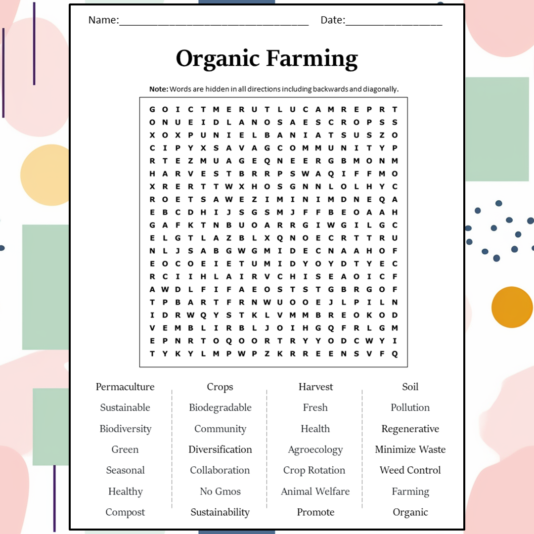 Organic Farming Word Search Puzzle Worksheet Activity PDF