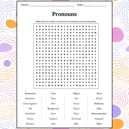 Pronouns Word Search Puzzle Worksheet Activity PDF