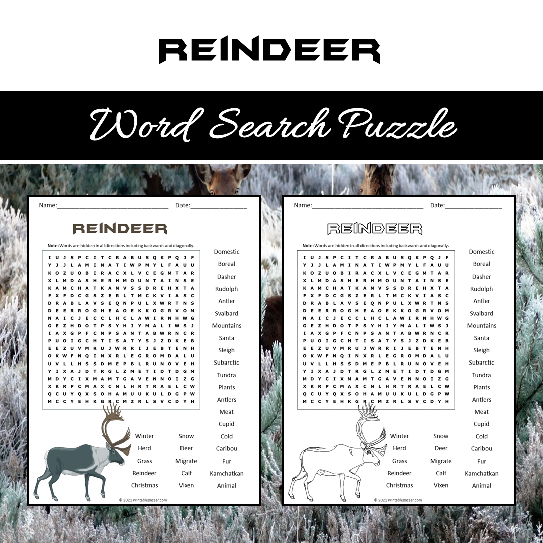 Reindeer Word Search Puzzle Worksheet PDF