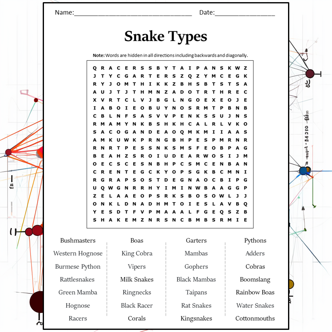 Snake Types Word Search Puzzle Worksheet Activity PDF
