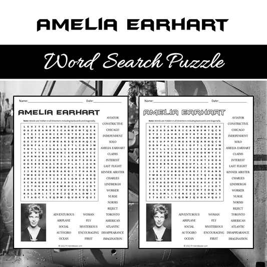 Amelia Earhart Word Search Puzzle Worksheet PDF