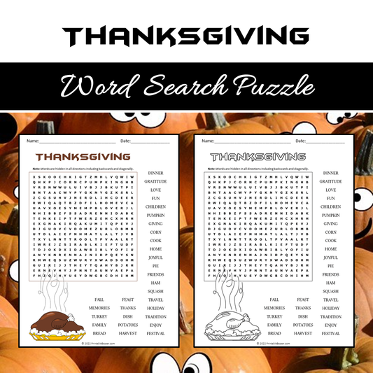 Thanksgiving Word Search Puzzle Worksheet PDF