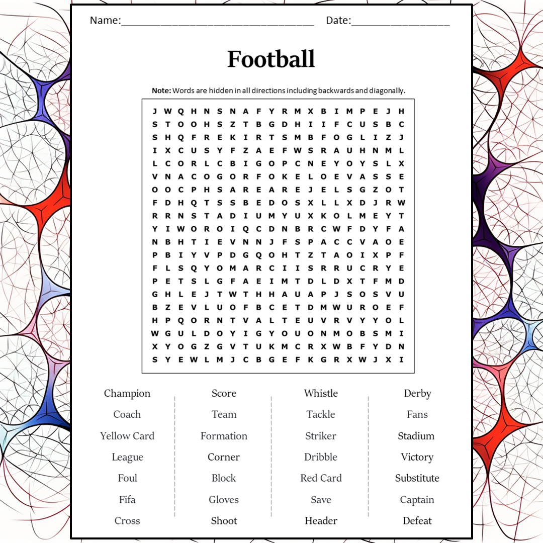 Football Word Search Puzzle Worksheet Activity PDF