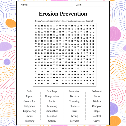 Erosion Prevention Word Search Puzzle Worksheet Activity PDF