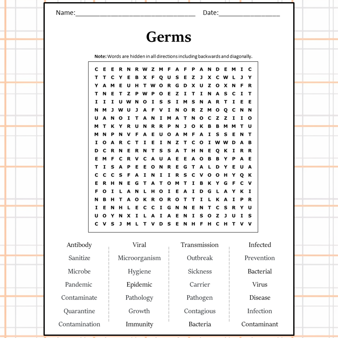 Germs Word Search Puzzle Worksheet Activity PDF