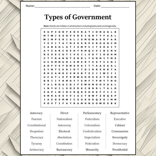 Types Of Government Word Search Puzzle Worksheet Activity PDF