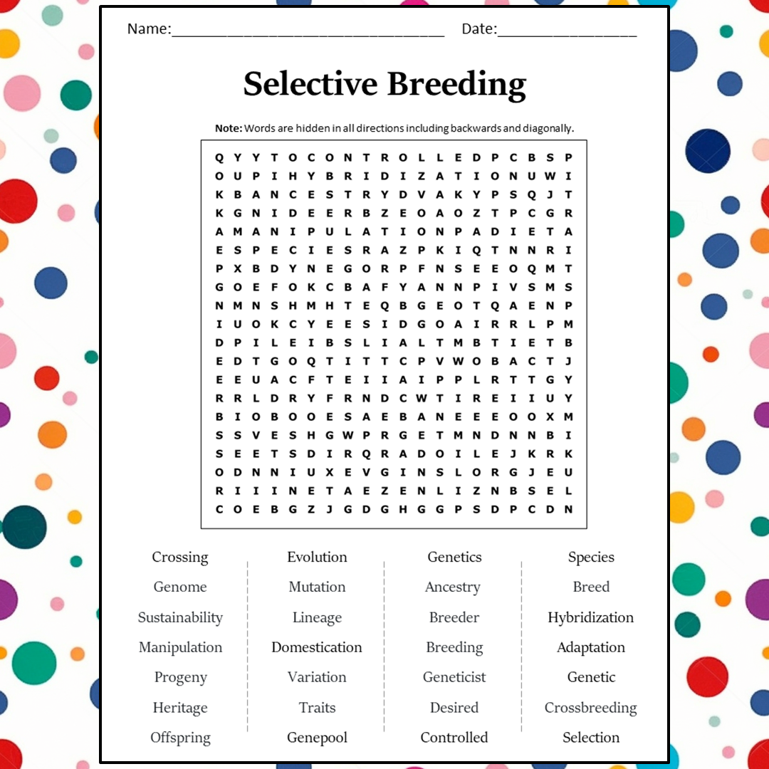 Selective Breeding Word Search Puzzle Worksheet Activity PDF