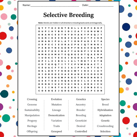 Selective Breeding Word Search Puzzle Worksheet Activity PDF