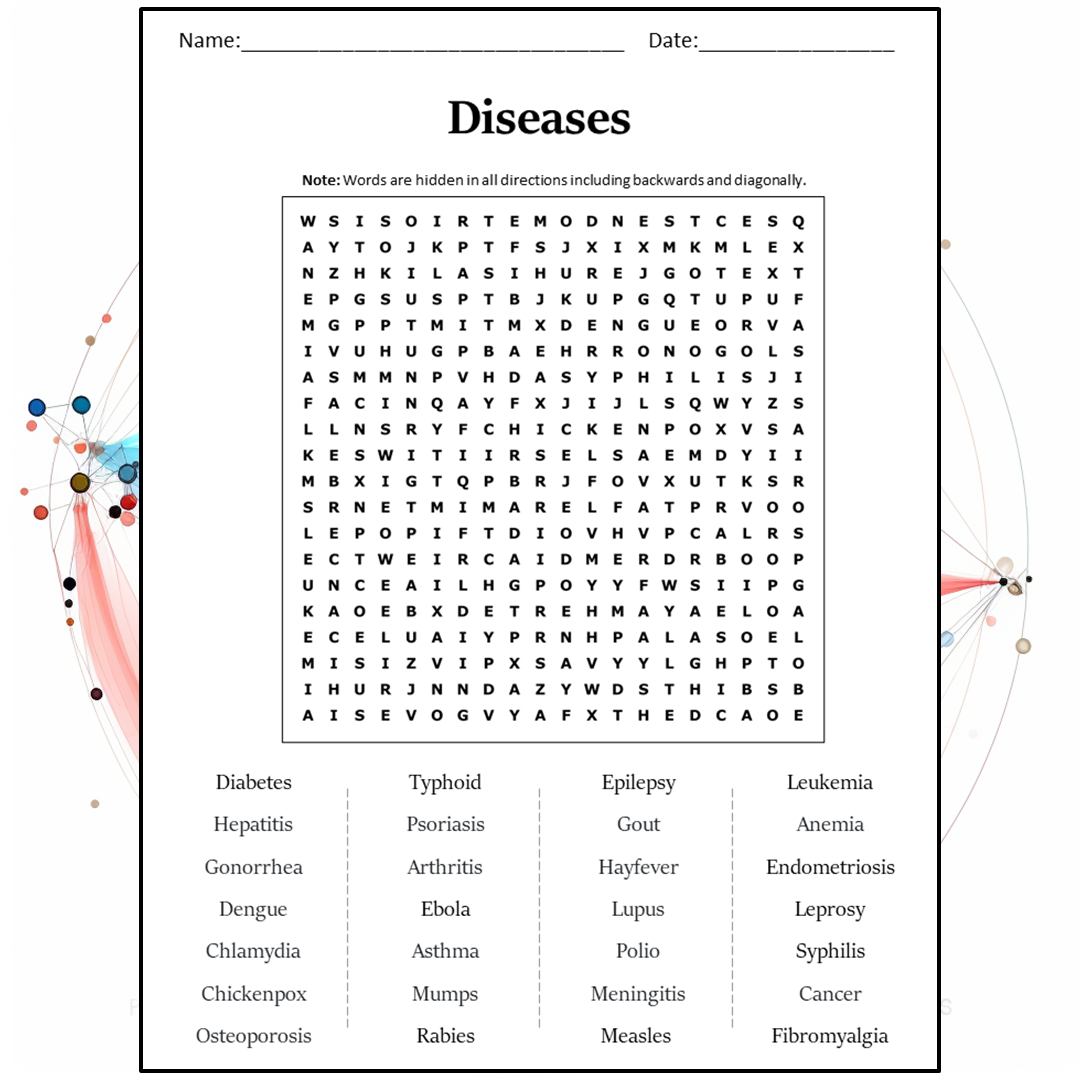 Diseases Word Search Puzzle Worksheet Activity PDF