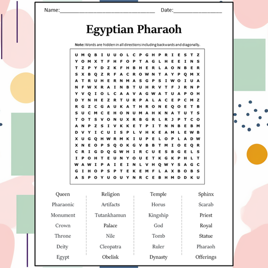 Egyptian Pharaoh Word Search Puzzle Worksheet Activity PDF