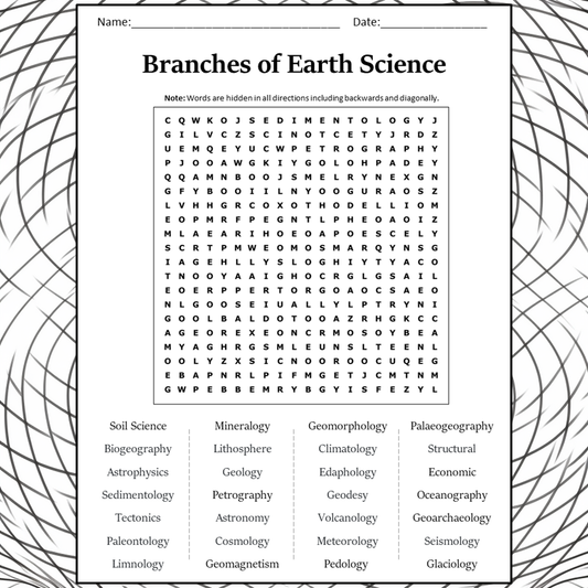 Branches Of Earth Science Word Search Puzzle Worksheet Activity PDF