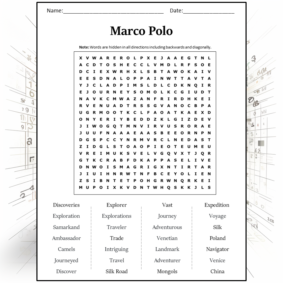 Marco Polo Word Search Puzzle Worksheet Activity PDF