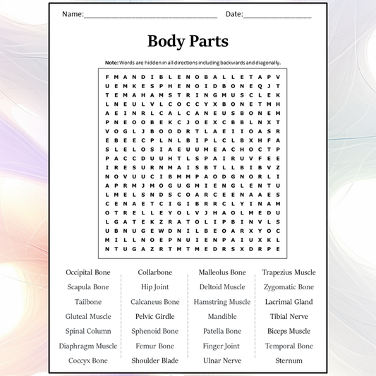 Body Parts Word Search Puzzle Worksheet Activity PDF