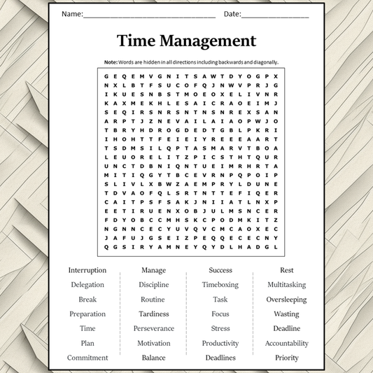 Time Management Word Search Puzzle Worksheet Activity PDF