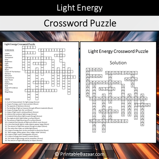 Light Energy Crossword Puzzle Worksheet Activity Printable PDF