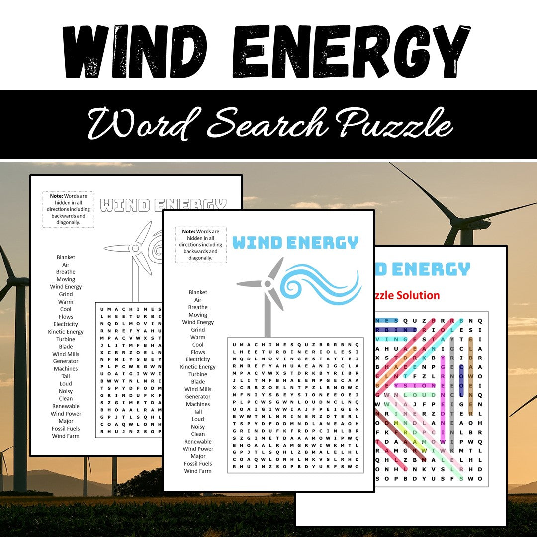 Wind Energy Word Search Puzzle Worksheet PDF