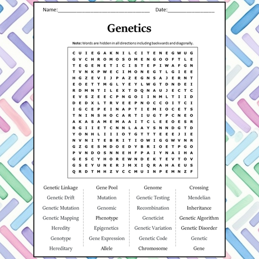 Genetics Word Search Puzzle Worksheet Activity PDF