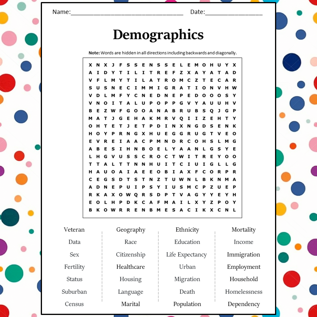 Demographics Word Search Puzzle Worksheet Activity PDF