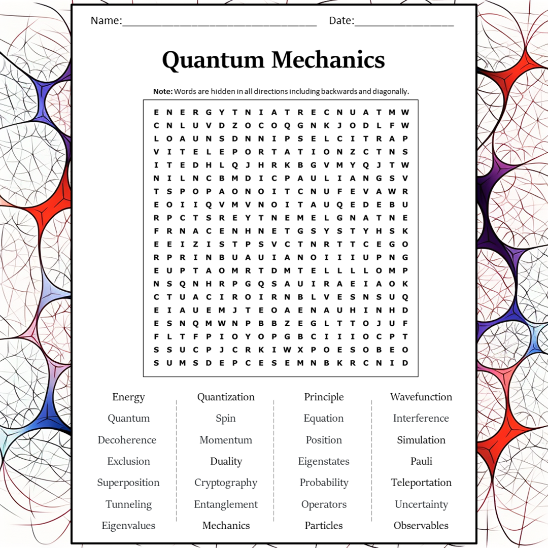 Quantum Mechanics Word Search Puzzle Worksheet Activity PDF