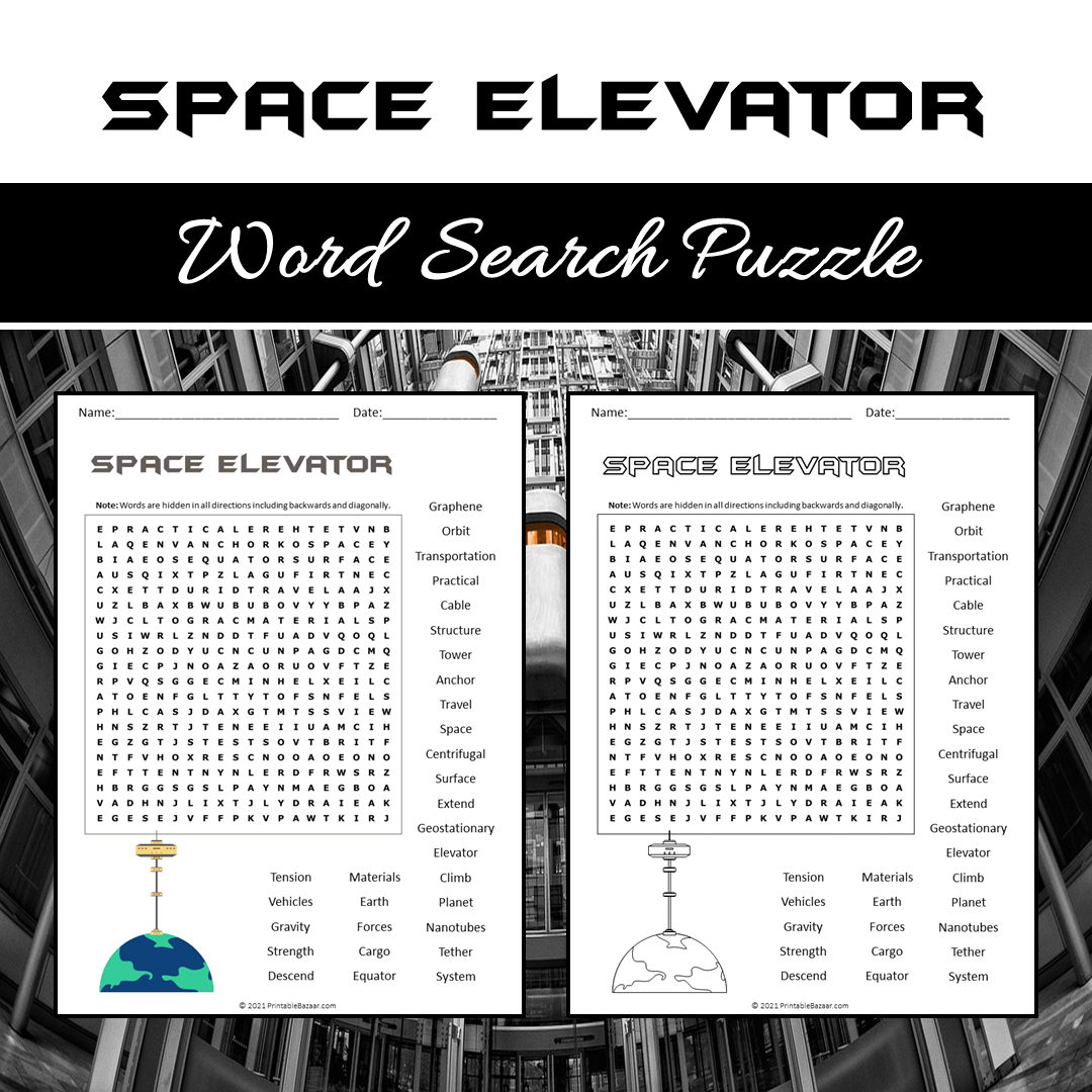 Space Elevator Word Search Puzzle Worksheet PDF