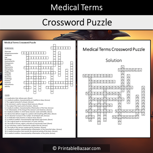 Medical Terms Crossword Puzzle Worksheet Activity Printable PDF