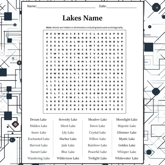 Lakes Name Word Search Puzzle Worksheet Activity PDF