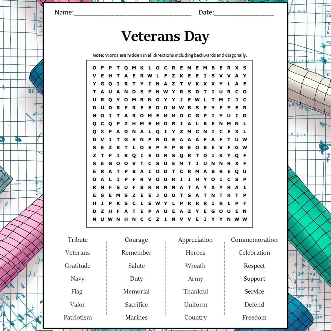 Veterans Day Word Search Puzzle Worksheet Activity PDF