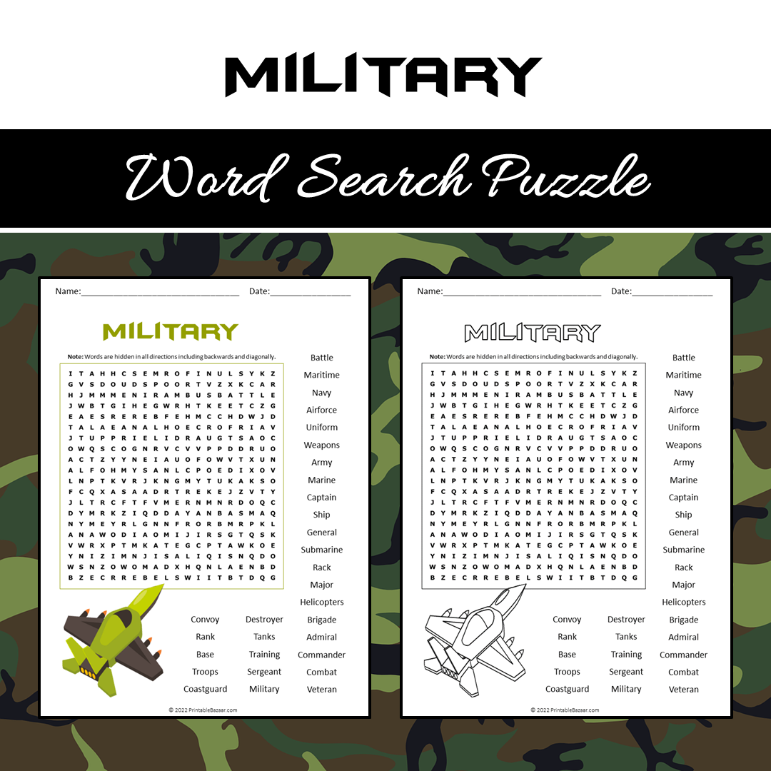 Military Word Search Puzzle Worksheet PDF