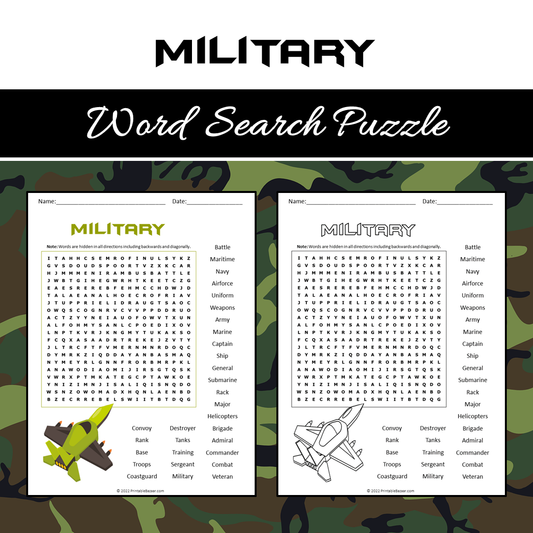 Military Word Search Puzzle Worksheet PDF