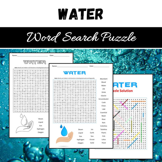 Water Word Search Puzzle Worksheet PDF